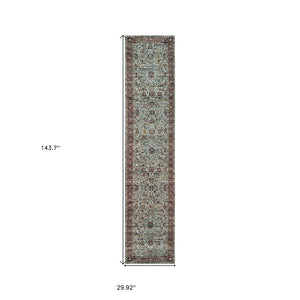 HomeRoots 10' Stunning Blue and Green Oriental Power Loom Area Rug – Durable, Stain-Resistant, Timeless Style 2'6" x 12' 509999