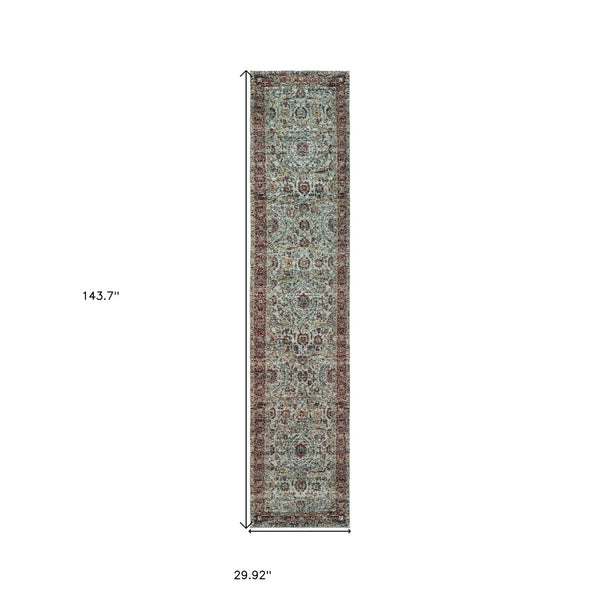HomeRoots 10' Stunning Blue and Green Oriental Power Loom Area Rug – Durable, Stain-Resistant, Timeless Style 2'6" x 12' 509999