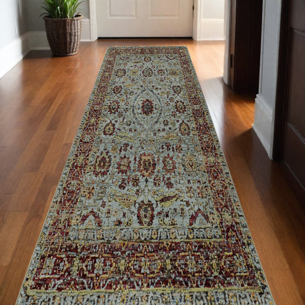 HomeRoots 10' Stunning Blue and Green Oriental Power Loom Area Rug – Durable, Stain-Resistant, Timeless Style 2'6" x 12' 509999
