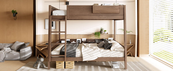 English Elm Queen Over Bunk Bed Pine Frame with Built in Shelving Detachable Vintage Style Wood W5316S00016