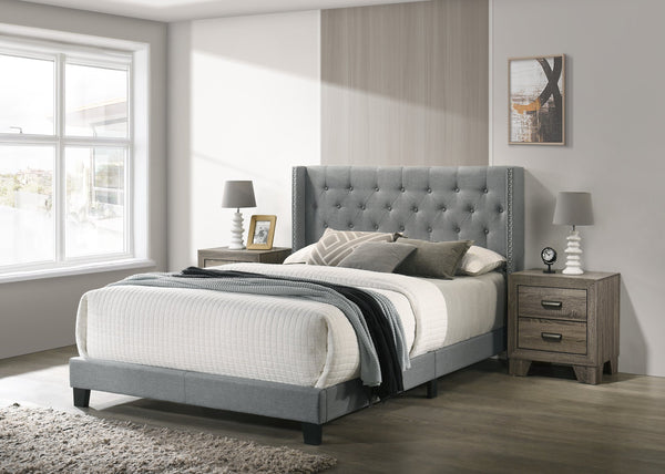 English Elm 1pc Full Size Wingback Bed Gray Upholstered Button-Tufted Headboard with Nailhead Trim & Solid Frame, 60.7"x80.7" B2741P347929