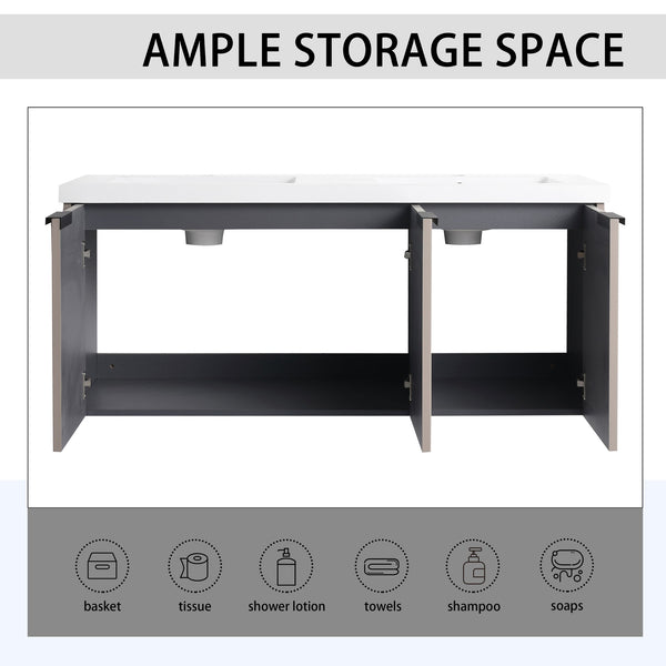 English Elm 48" Modern Wall-Mounted Bathroom Vanity With Double Sink, Soft-Close Doors & Stylish Wavy Panels W999S00353