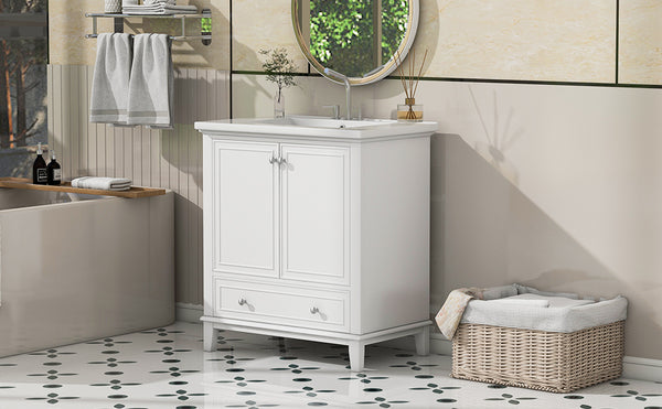 English Elm 30" Bathroom Vanity with Sink — Modern Freestanding 30" Cabinet with Ceramic Top, Drawer, Doors, Shelf White N725P221263K