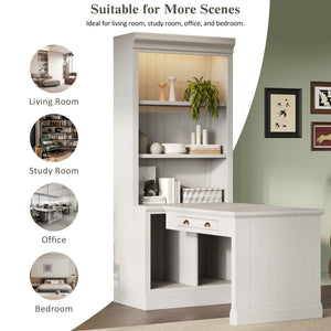 English Elm 83.4"Tall Bookshelf with Writing Desk White – Modern Solid Wood Workstation with LED, Drawer & Adjustable Shelf N751S280597K