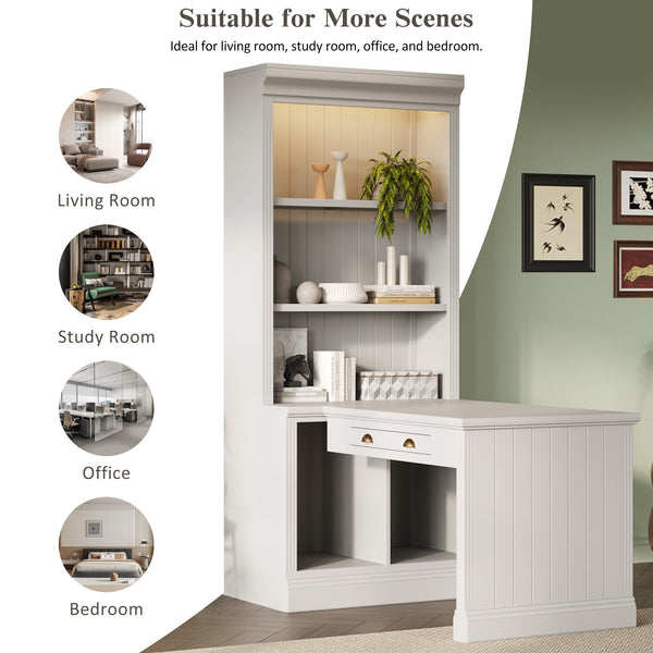 English Elm 83.4"Tall Bookshelf with Writing Desk White – Modern Solid Wood Workstation with LED, Drawer & Adjustable Shelf N751S280597K
