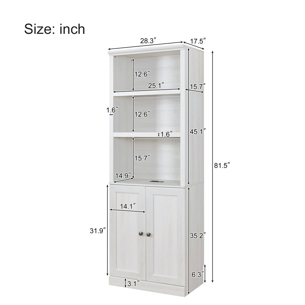 English Elm 1 Doors Bookshelf with USB Port and 3 Open Shelves — Space-Saving Storage Cabinet, Sturdy MDF Design Rustic White 50.59 L x 21.06 W x 10.63 H WF531476AAK