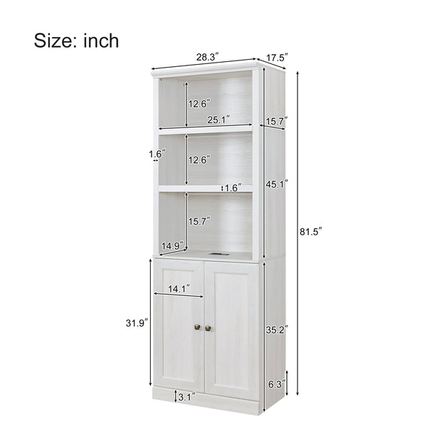 English Elm 1 Doors Bookshelf with USB Port and 3 Open Shelves — Space-Saving Storage Cabinet, Sturdy MDF Design Rustic White 50.59 L x 21.06 W x 10.63 H WF531476AAK