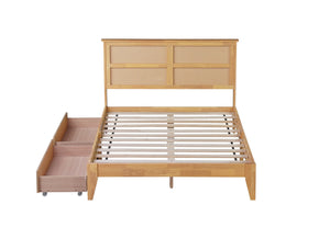 English Elm Full Full Size Bed with Rattan Headboard and Two Underbed Storage Drawers, Rubberwood Slat Support White Oak W504P269606