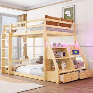 English Elm Full Bunk Bed with App Led Lighting Usb Charging Storage Drawers Kids Bedroom Natural N820S00080N