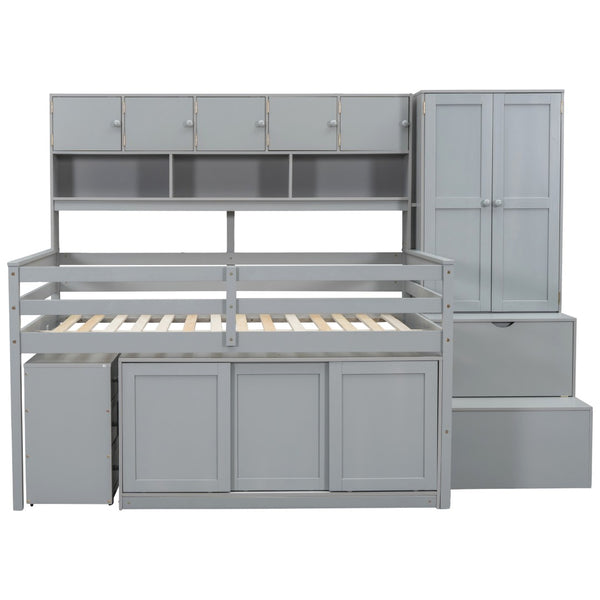 English Elm Full Size Gray Loft Bed with Rolling Desk Wardrobe Staircase and Headboard Shelving LT000852AAE