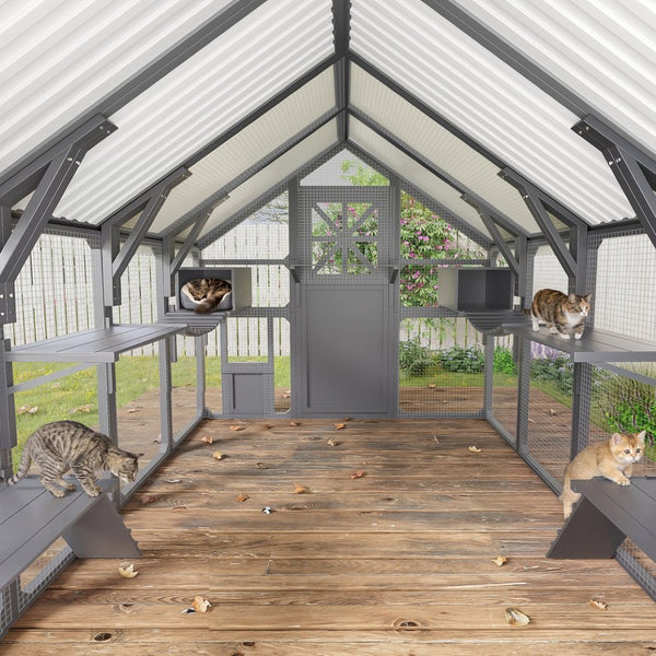 English Elm Large Walk-in Pine Wood Catio Enclosure with Platforms Resting Boxes and Planter Grey N704G201618E