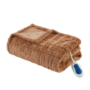 JLA Home Beautyrest - Oversized Plush Faux Fur Heated Throw with Secure Comfort, Low EMF, OEKO‑TEX, Machine Washable Brown Texture BR54-4699