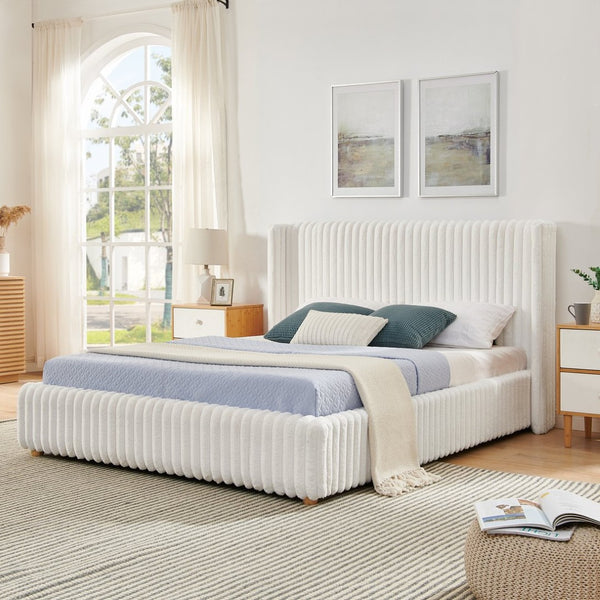 English Elm Queen Storage Bed Plush Ribbed Rabbit Fur Upholstery Gas Lift Platform Modern Luxury W1413S00181