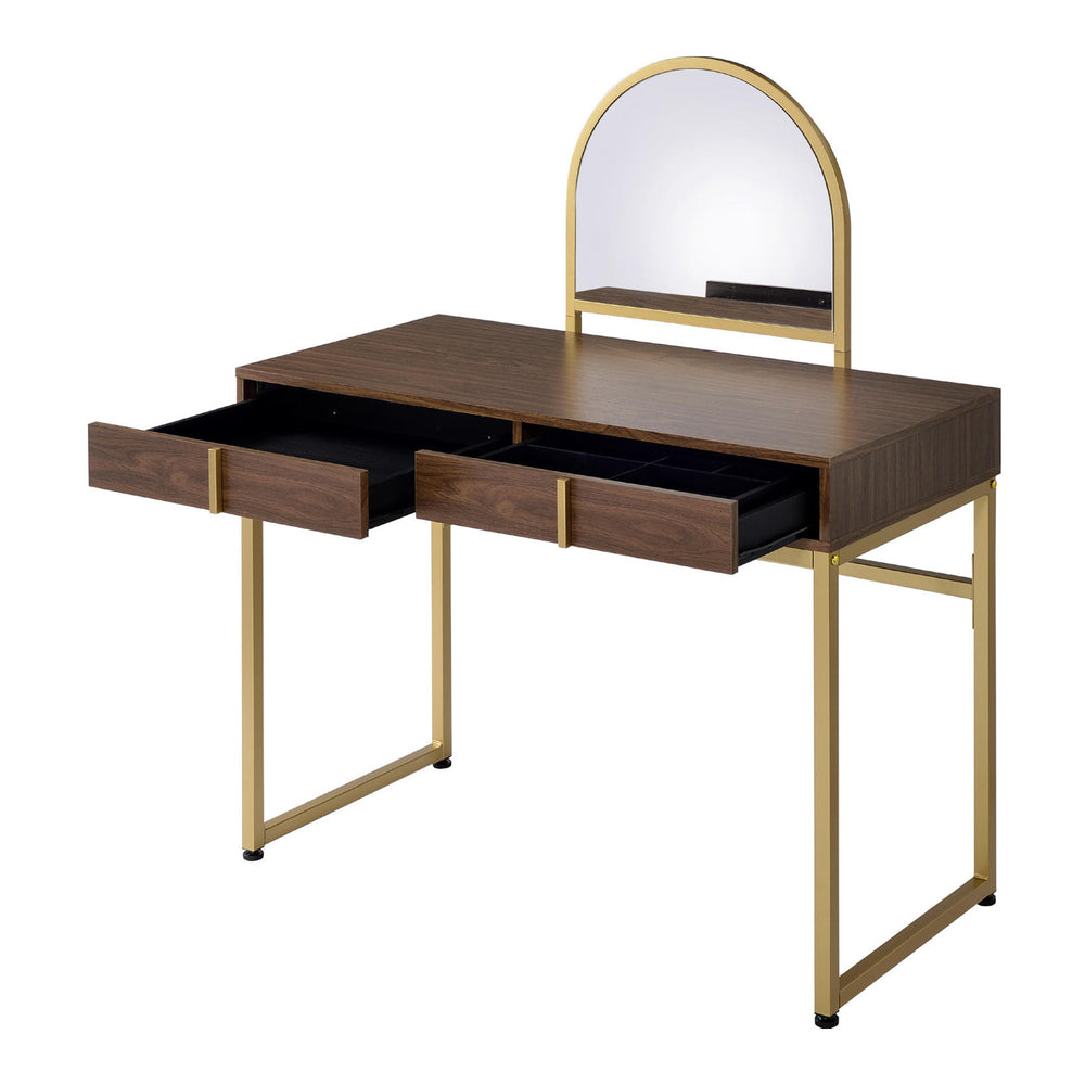 English Elm 2 Drawers Vanity Desk With Mirror & Jewelry Tray – Elegant Walnut & Gold Design For Compact Spaces B016P317505