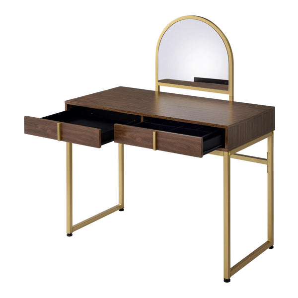 English Elm 2 Drawers Vanity Desk With Mirror & Jewelry Tray – Elegant Walnut & Gold Design For Compact Spaces B016P317505