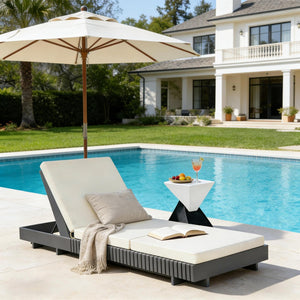 English Elm Modern Acacia Wood Outdoor Chaise Lounge Slatted Reclining Poolside Sun Chair Cream,Dark Grey N770P281696G_N770P208317C