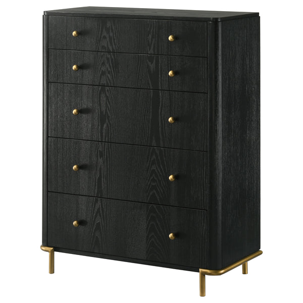English Elm Anser Modern 5-Drawer Chest: Elegant Black Woodgrain Storage With Gold Accents For Any Bedroom B062P358456