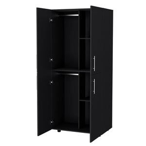 English Elm Hazel Slim Melamine Armoire with 2 Doors, 4 Shelves & 2 Hanging Bars — Black, Elegant Storage B128S00009