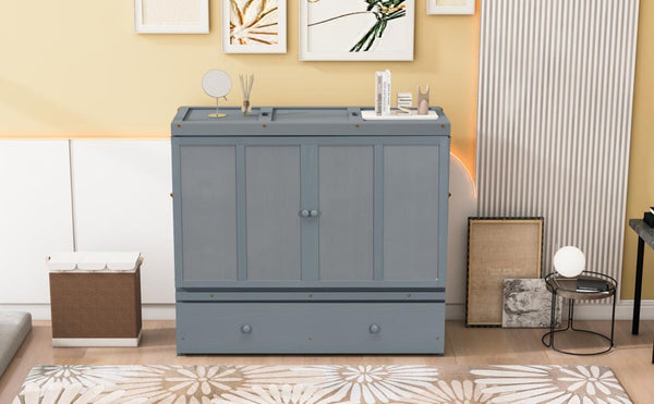 English Elm Full Size Wall Murphy Bed Cabinet with Storage Drawer and Built-in Usb Charging Gray N708P205903E