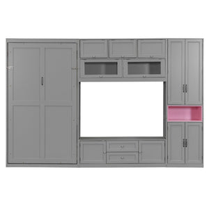 English Elm Twin Murphy Wall Bed with Integrated Tv Stand Open Shelving and Cabinet Storage LP000768AAE