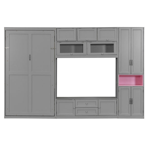 English Elm Twin Murphy Wall Bed with Integrated Tv Stand Open Shelving and Cabinet Storage LP000768AAE
