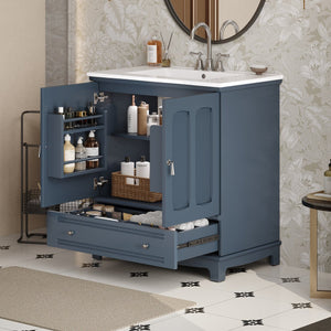 English Elm 30" Modern Bathroom Vanity with Ceramic Sink, Solid Wood Frame, Soft-Close Drawer & Adjustable Shelf Blue N710P293306C