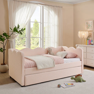 English Elm Cozy Twin Gingham Daybed with Trundle Sofa Bed, Linen Upholstery, USB Port, Wave Frame Design Pink W1413S00099