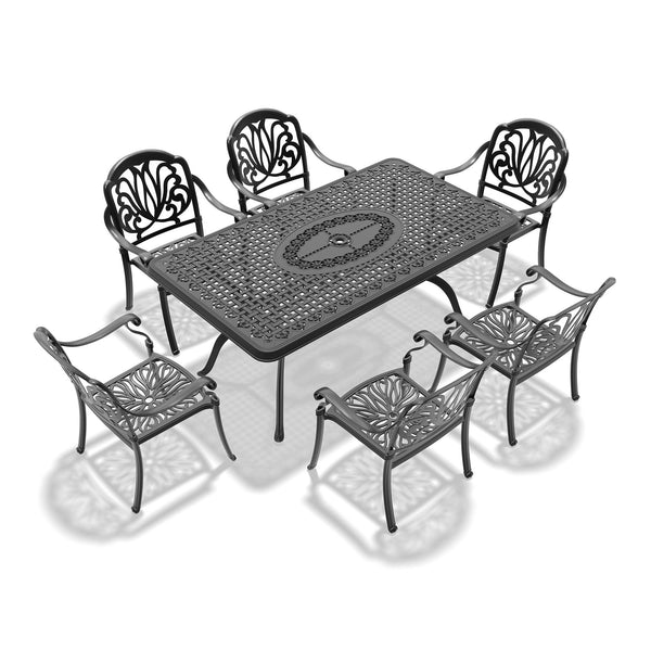 English Elm 7-Piece Cast Aluminum Patio Furniture Set With Black Frame & Brown Cushions For Stylish Outdoor Dining W1710S00494