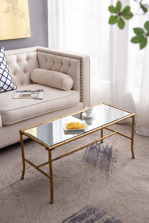 English Elm 36x16x16.5" Bamboo-Style Antique Gold Coffee Table with Glass Top — Vintage Luxe, Sunroom-Ready Statement Piece W2078P370593