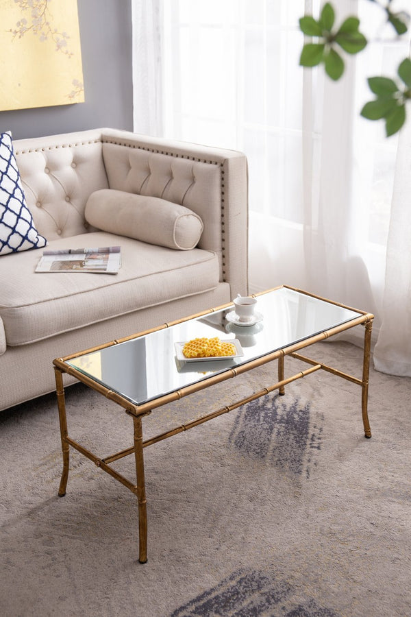 English Elm 36x16x16.5" Bamboo-Style Antique Gold Coffee Table with Glass Top — Vintage Luxe, Sunroom-Ready Statement Piece W2078P370593