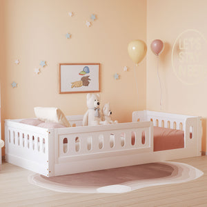 English Elm Wood Twin Size Platform Bed with Guardrail — Sturdy Pine & MDF Construction, Safe Low-Profile Design for Kids White N709P180836K