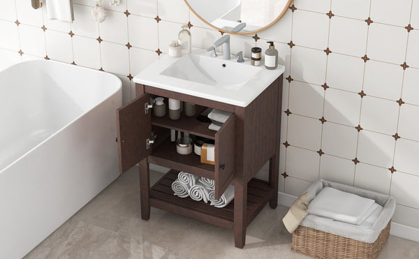English Elm 24" Modern Sleek Bathroom Vanity with Ceramic Sink, Solid Wood Frame, Waterproof Finish and Open Shelf Storage Brown N725P246473D