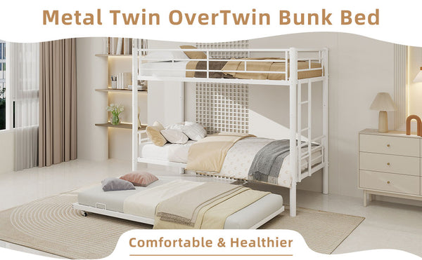 English Elm Heavy-duty Metal Twin over Twin Bunk Bed with Noise-Reducing Design, Safety Rail, Ladder, 350lb Capacity White W1935P300342