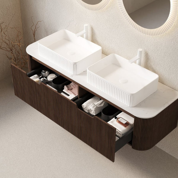 English Elm Dina 60 Inch Floating Bathroom Vanity Sintered Stone Top Dual Glass Basins Wood Grain Dark Walnut,White W2615S00171