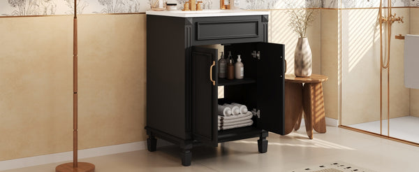 English Elm 24'' Bathroom Vanity with Sink - Solid Wood Frame, Glossy Ceramic Basin, Soft-Close Doors & Ample Storage Elegant Modern Design, Durable MDF Construction, Retro Metal Handles, Compact 24-inch Cabinet Black N710P317675B