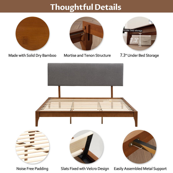 English Elm Full Full Size Solid Dry Bamboo Platform Bed with Gray Curved Adjustable Upholstered Headboard, 7.3in Storage, 500lb Capacity BS701P192140E