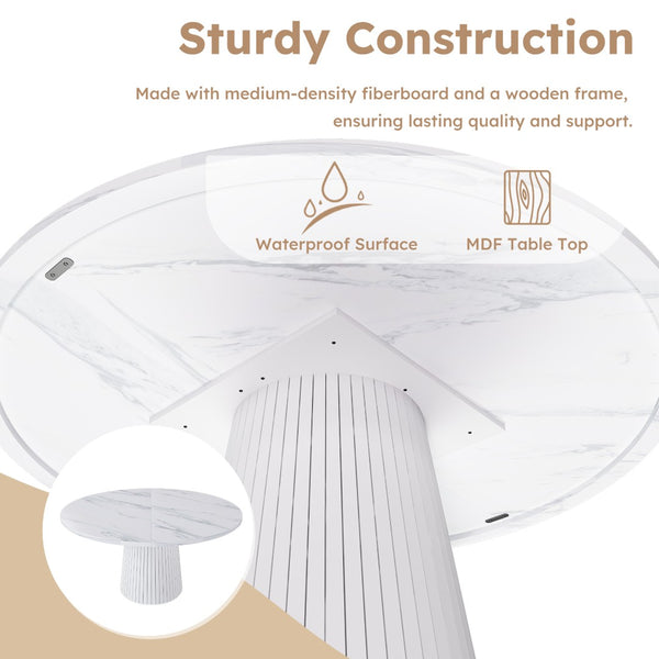 English Elm 47 Inch Round Marble Veneer Mdf Dining Table Seats Four with Slim Wood Strip Base White W2700P404636