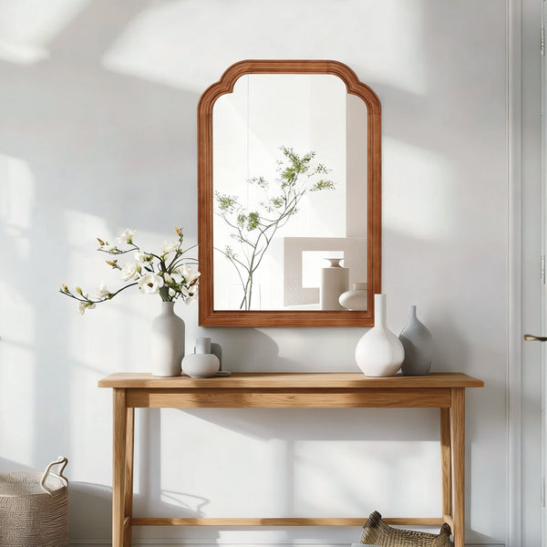 English Elm Yellowish Solid Wood Frame Rounded Corner Mirror 20"x30" Rustic Yellow Brown Tempered Glass Vanity Decor W2203P389095