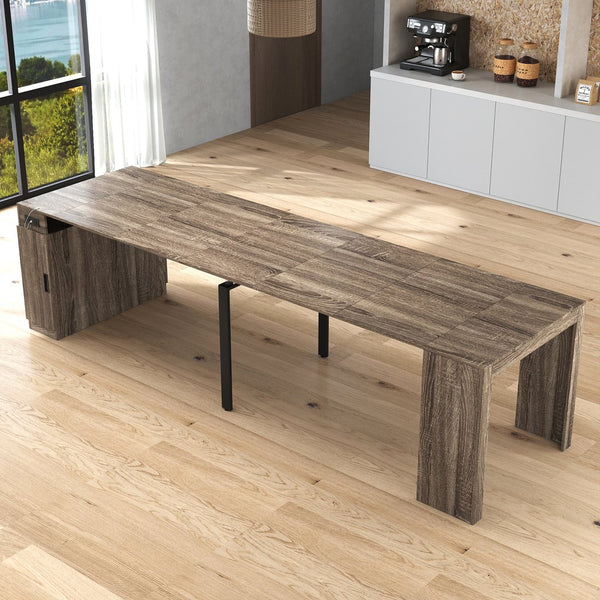 English Elm Modern Expandable Dining Table with Built-In Outlet, 5-Panel Extendable Space-Saving Design for Gatherings Brown W331S00192
