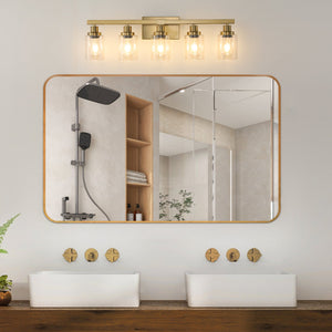 English Elm 31" Golden 5-Light Vanity Light with Clear Glass Shades, Modern Iron Wall Sconce for Bathroom Mirror W2312P374801