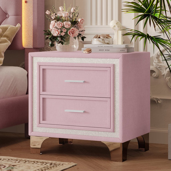 English Elm Mid Century Nightstand Velvet 2-Drawer Bedside Table with Metal Legs, Retro Space-Saving Storage and Durable Finish Pink 23.5 L x 19 W x 17 H N733P183659H