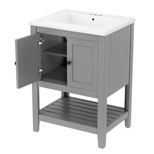 English Elm 24" Modern Sleek Bathroom Vanity with Ceramic Sink, Solid Wood Frame, Waterproof Finish and Open Shelf Storage Grey N725P246473E
