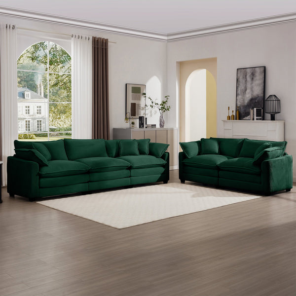 English Elm Modern Fabric Living Room Sofa Set - Plush Green Corduroy, 2 Deep Seat 2-Seater Sofas With Cushions W714S00813