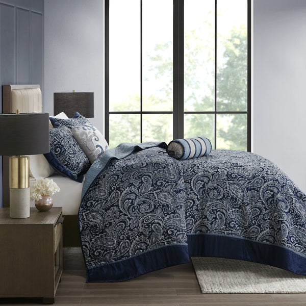 English Elm 5 Piece Aubrey Reversible Jacquard Bedspread Set King with Paisley Motif, Gold Sheen, Quilted Elegance Navy 22.83 L x 18.11 W x 8.27 H B03597645