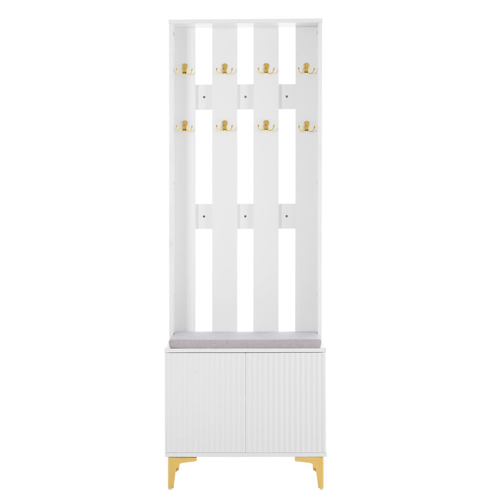 English Elm ON-TREND Modern Luxury Hall Tree with Cushioned Bench, Fluted Doors, 8 Gold Hooks & Adjustable Shelf White N721P192814K