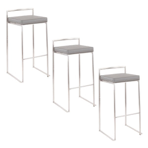 English Elm Fuji 30" Contemporary Stackable Barstools Set of 3 – Stainless Frame, Grey Faux Leather Cushions, Sleek B202P222219