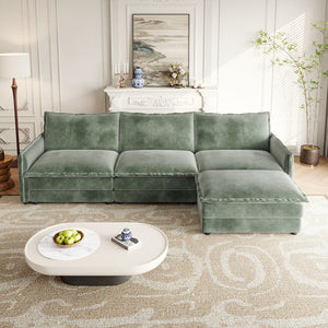 English Elm Corduroy 3-Seater L-Shaped Couch With Movable Ottoman - Plush Green Fabric For Cozy Living Room Comfort W834S00429