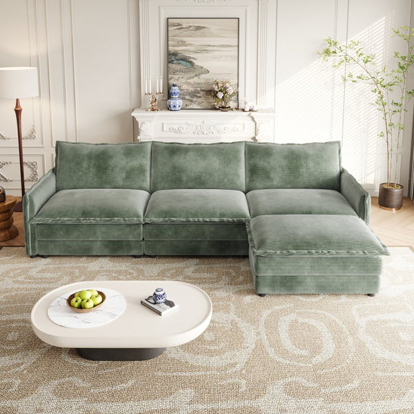 English Elm Corduroy 3-Seater L-Shaped Couch With Movable Ottoman - Plush Green Fabric For Cozy Living Room Comfort W834S00429