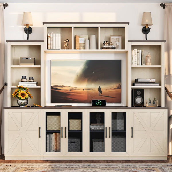 English Elm Wall Unit Entertainment Center with Built in Charging Mdf Media Console Open Shelving Beige W1580S00436