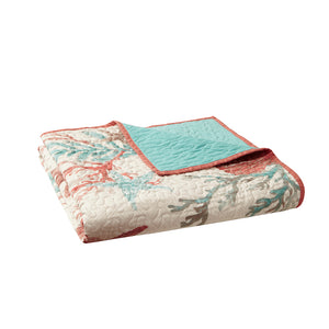 JLA Home Madison Park - Oversized Coastal Cotton Quilted Throw with Starfish & Coral Motifs, Reversible Aqua Comfort and Warmth MP50-3723